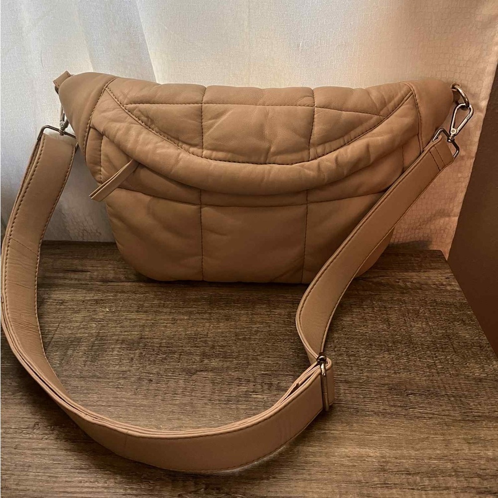 Quilted Shoulder Bag in Taupe - Women's Padded Crossbody Tote
